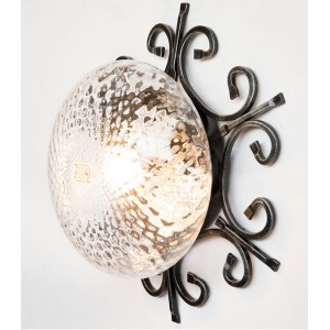 PLAFONIERA RUSTICA IN FERRO BATTUTO E VETRO SOFFIATO 35 CM 1X60W