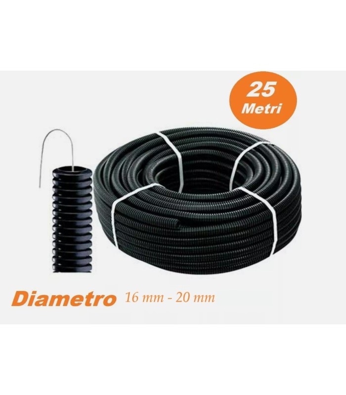 TUBO CORRUGATO CON TIRAFILO D 16 MM D 20 MM ROLLO 25 M PVC PIEGHEVOLE AUTOESTINGUENTE EN61386