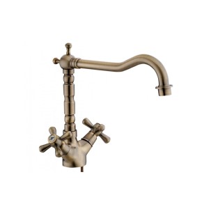 RUBINETTO MISCELATORE MONOFORO LAVELLO CUCINA CANNA ALTA MANIGLIE A CROCE SERIE SOFIA BRONZATO