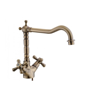 RUBINETTO MISCELATORE MONOFORO LAVELLO CUCINA CANNA ALTA MANIGLIE A CROCE SERIE SOFIA BRONZATO